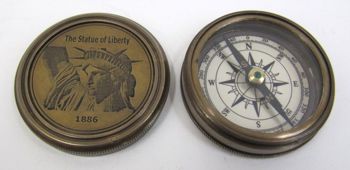 BR483942 - Engraved Brass Statue Of Liberty Compass, Screw-On Lid, Round Base