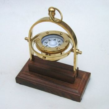 BR48414 - Solid Brass Gimbal Compass Wooden Base