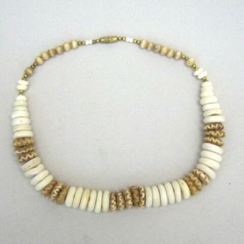 JR175 - Necklace Bone Disc & Beads, White Brown