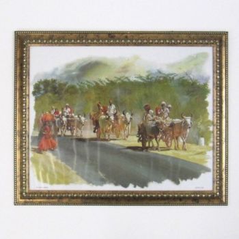 MR3330 - Painting With Frame And Glass Cover - Cows Pulling Carts In Traffic