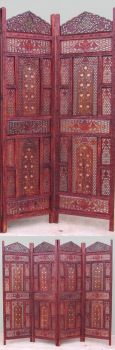 SH1584G - Carved Wooden Room Divider / Screen Brass Inlay Rose Design