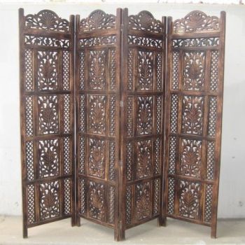 SH15863B - Carved Wooden Screen Rose Design Black Polish 4-panel